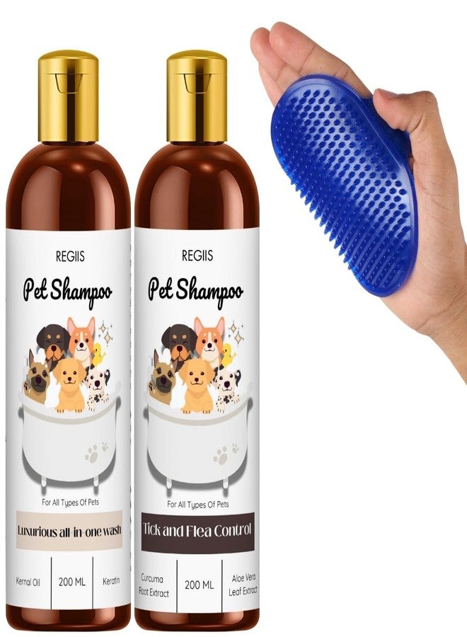 Regiis Pet Shampoo Set with Grooming Brush, Luxurious All in One Wash, Tick and Flea Control Formula, 200ml Bottles, Blue Massage Brush for Dogs(Pack of 3) - Image 1